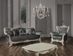 Casa Padrino Luxus Barock Wohnzimmer Sessel mit Glitzersteinen und dekorativem Kissen Blau / Creme / Gold 110 x 85 x H. 112 cm - Barockstil Möbel