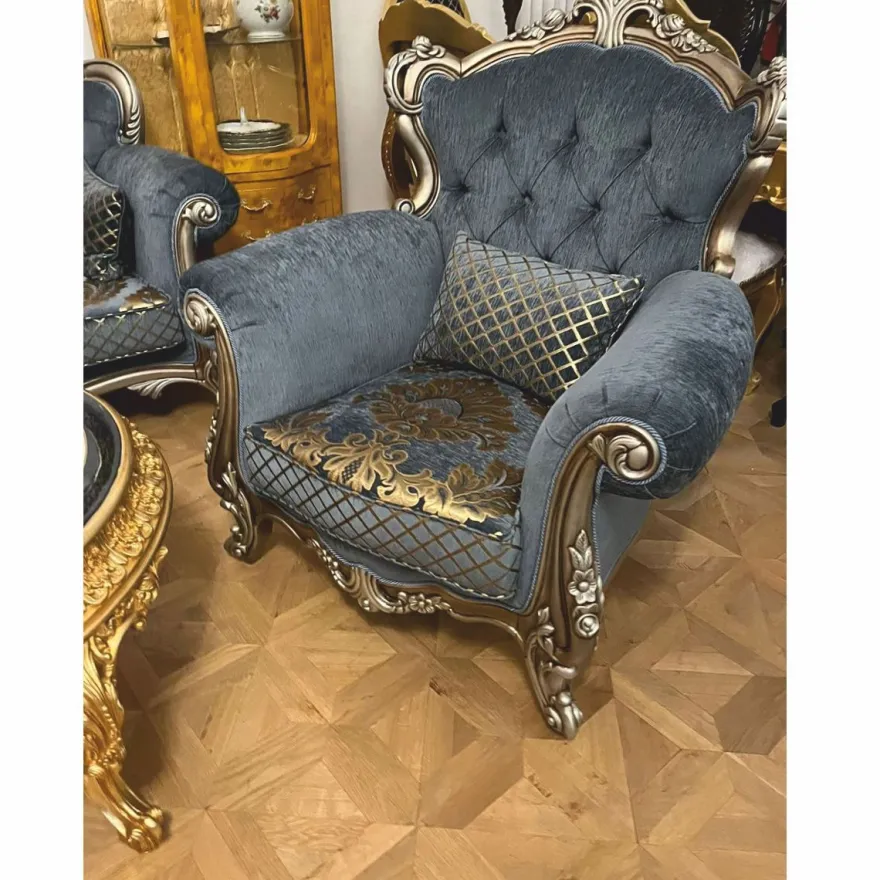 Casa Padrino Luxus Barock Wohnzimmer Möbel Set Blau / Gold / Silber - Barockstil Möbel