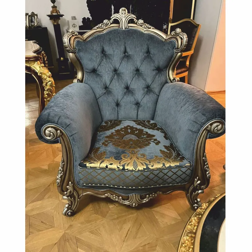 Casa Padrino Luxus Barock Wohnzimmer Möbel Set Blau / Gold / Silber - Barockstil Möbel