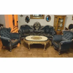 Casa Padrino Luxus Barock Wohnzimmer Möbel Set Blau / Gold / Silber - Barockstil Möbel