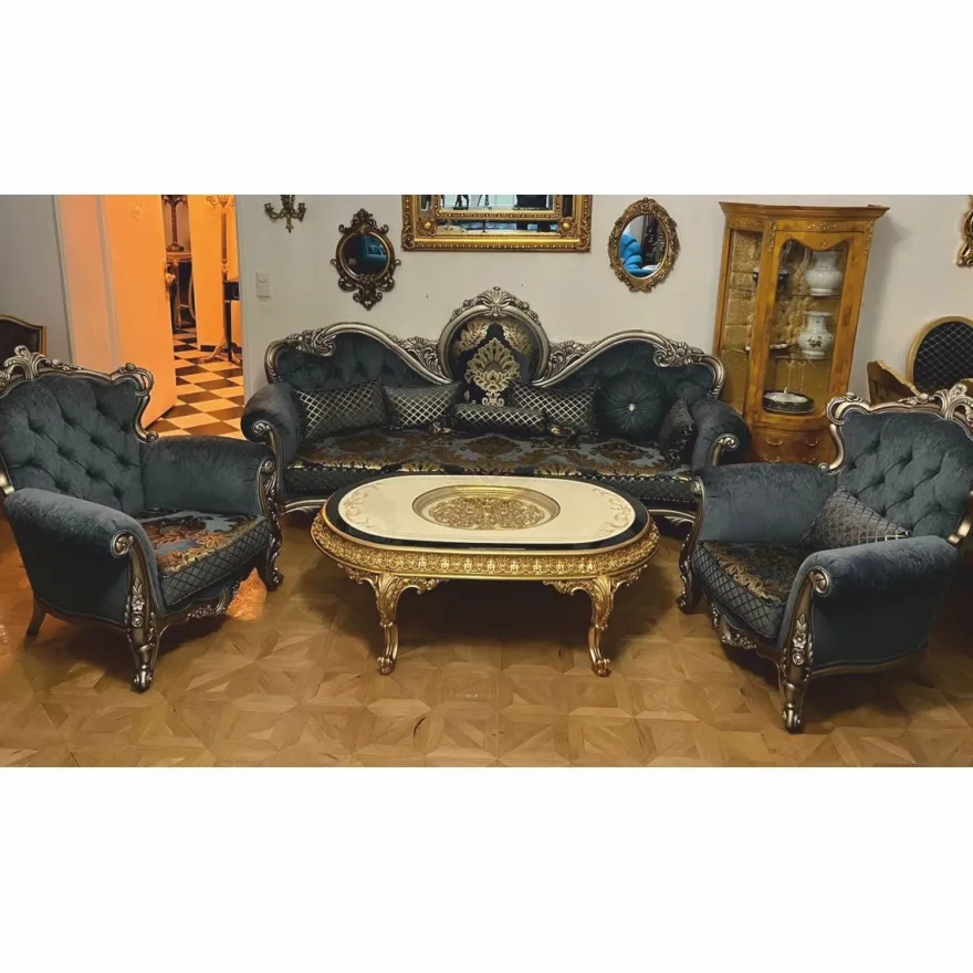 Casa Padrino Luxus Barock Wohnzimmer Möbel Set Blau / Gold / Silber - Barockstil Möbel
