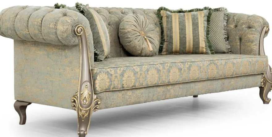 Casa Padrino Luxus Barock Wohnzimmer Set Grün / Gold / Grau / Gold - 2 Sofas & 2 Sessel - Wohnzimmer Möbel im Barockstil - Edel & Prunkvoll