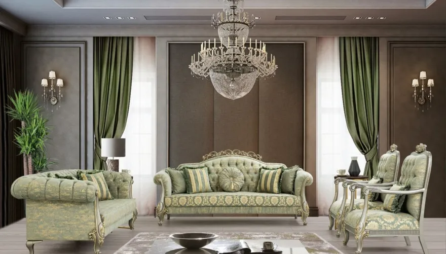 Casa Padrino Luxus Barock Wohnzimmer Set Grün / Gold / Grau / Gold - 2 Sofas & 2 Sessel - Wohnzimmer Möbel im Barockstil - Edel & Prunkvoll