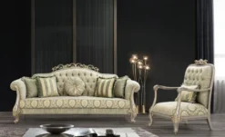 Casa Padrino Luxus Barock Wohnzimmer Set Grün / Gold / Grau / Gold - 2 Sofas & 2 Sessel - Wohnzimmer Möbel im Barockstil - Edel & Prunkvoll