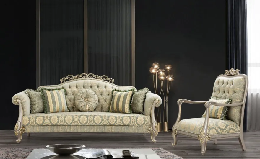 Casa Padrino Luxus Barock Wohnzimmer Set Grün / Gold / Grau / Gold - 2 Sofas & 2 Sessel - Wohnzimmer Möbel im Barockstil - Edel & Prunkvoll
