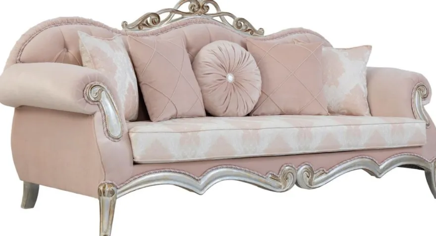 Casa Padrino Luxus Barock Wohnzimmer Set Rosa / Silber / Gold - 2 Sofas mit Kissen & 2 Sessel & 1 Couchtisch - Wohnzimmermöbel im Barockstil - Edle Barock Möbel