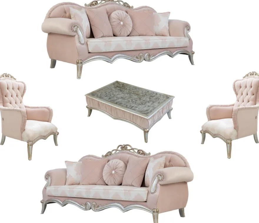 Casa Padrino Luxus Barock Wohnzimmer Set Rosa / Silber / Gold - 2 Sofas mit Kissen & 2 Sessel & 1 Couchtisch - Wohnzimmermöbel im Barockstil - Edle Barock Möbel