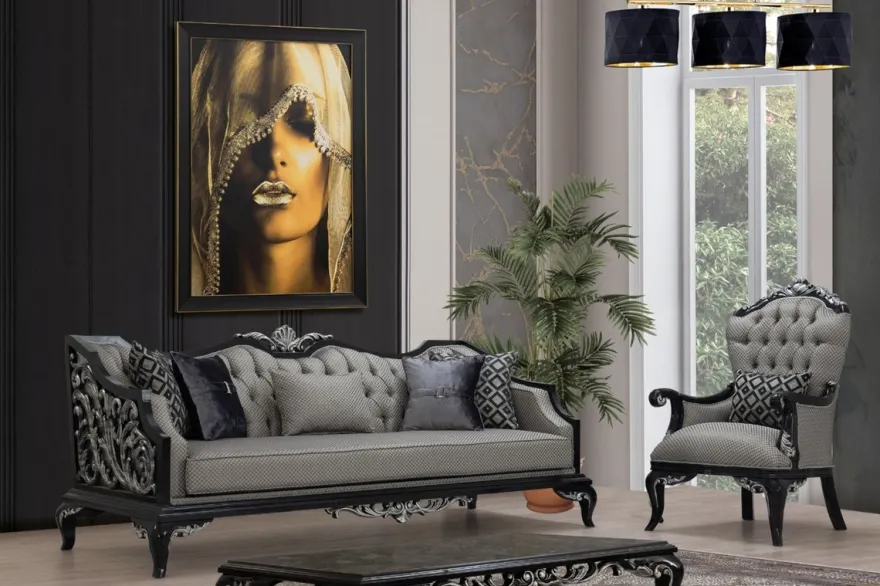 Casa Padrino Luxus Barock Wohnzimmer Set Silber / Schwarz - 2 Sofas & 2 Sessel & 1 Couchtisch - Handgefertigte Barock Wohnzimmer Möbel - Edel & Prunkvoll
