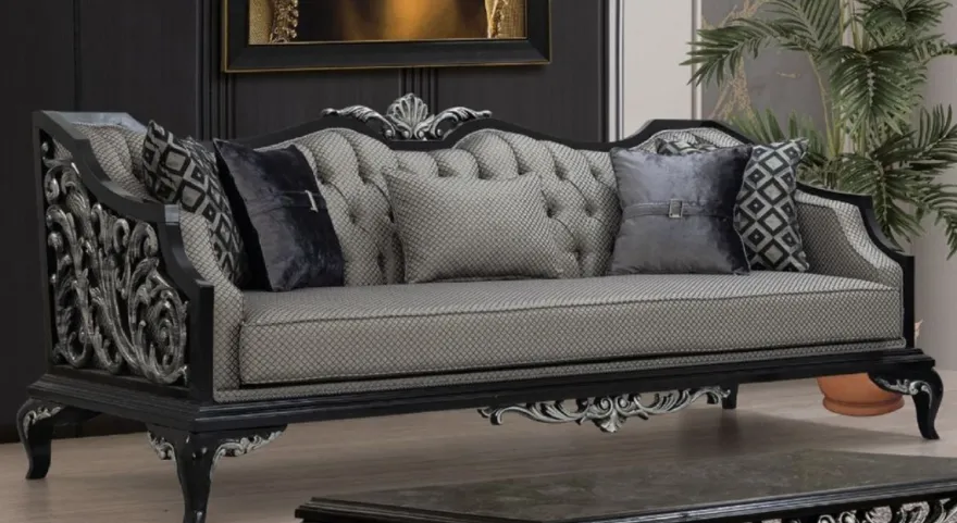 Casa Padrino Luxus Barock Wohnzimmer Set Silber / Schwarz - 2 Sofas & 2 Sessel & 1 Couchtisch - Handgefertigte Barock Wohnzimmer Möbel - Edel & Prunkvoll