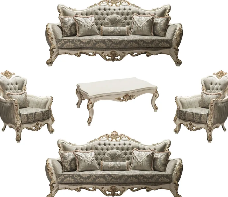 Casa Padrino Luxus Barock Wohnzimmer Set Grau / Weiß / Gold - 2 Sofas & 2 Sessel & 1 Couchtisch - Barockstil Möbel - Edel & Prunkvoll