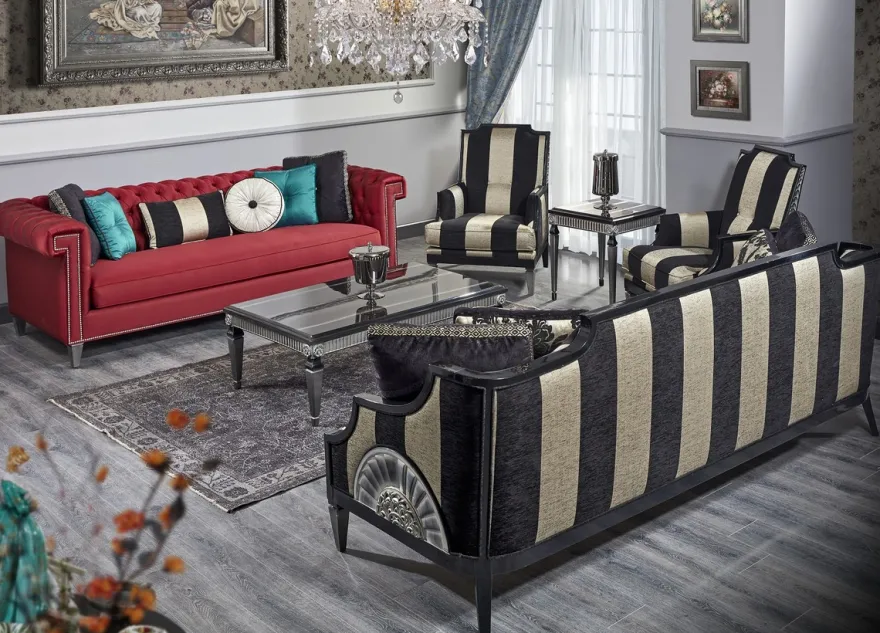Casa Padrino Luxus Barock Wohnzimmer Set Rot / Schwarz / Gold / Silber - 2 Sofas & 2 Sessel & 1 Couchtisch & 1 Beistelltisch - Barock Wohnzimmermöbel