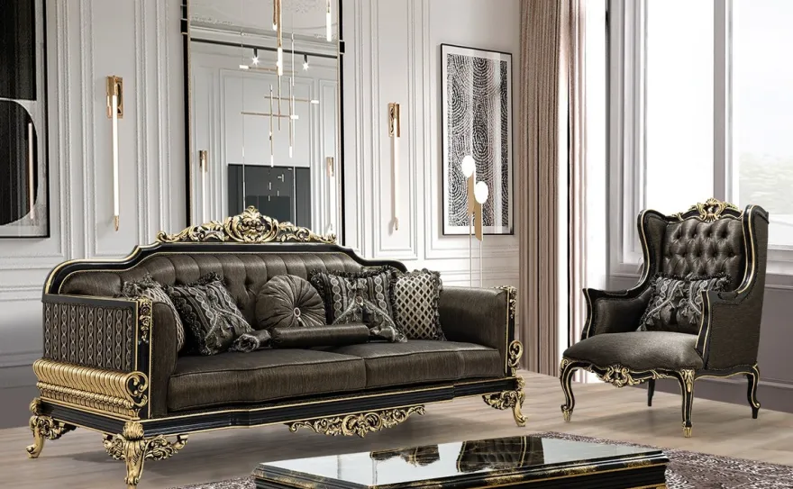 Casa Padrino Luxus Barock Wohnzimmer Sofa mit Kissen Grau / Schwarz / Gold 235 x 93 x H. 115 cm - Barock Möbel - Edel & Prunkvoll