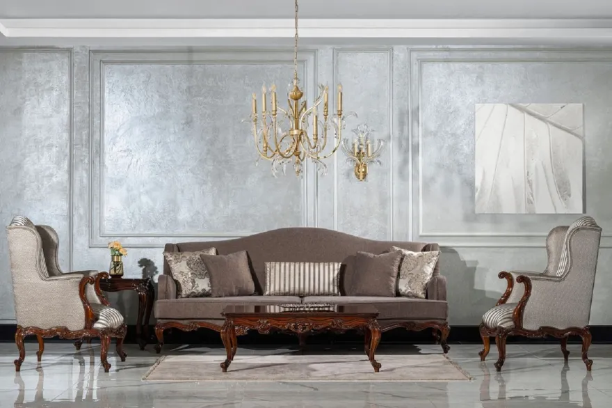 Casa Padrino Luxus Barock Wohnzimmer Set Grau / Silber / Braun - 2 Sofas & 2 Sessel & 1 Couchtisch & 2 Beistelltische - Handgefertigte Wohnzimmer Möbel im Barockstil - Edel & Prunkvoll