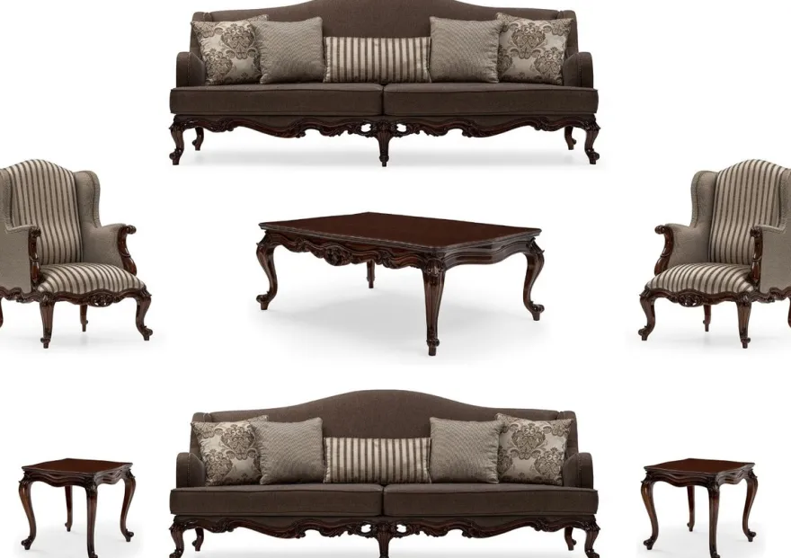 Casa Padrino Luxus Barock Wohnzimmer Set Grau / Silber / Braun - 2 Sofas & 2 Sessel & 1 Couchtisch & 2 Beistelltische - Handgefertigte Wohnzimmer Möbel im Barockstil - Edel & Prunkvoll