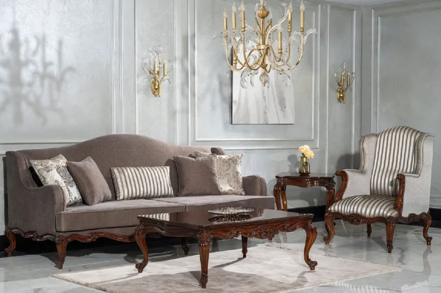 Casa Padrino Luxus Barock Wohnzimmer Set Grau / Silber / Braun - 2 Sofas & 2 Sessel & 1 Couchtisch & 2 Beistelltische - Handgefertigte Wohnzimmer Möbel im Barockstil - Edel & Prunkvoll