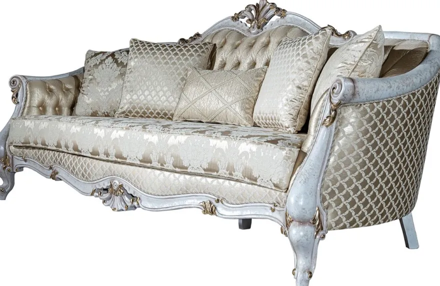 Casa Padrino Luxus Barock Wohnzimmer Set Gold Muster / Antik Weiß / Gold - 2 Sofas & 2 Sessel & 1 Couchtisch - Wohnzimmer Möbel im Barockstil - Edel & Prunkvoll