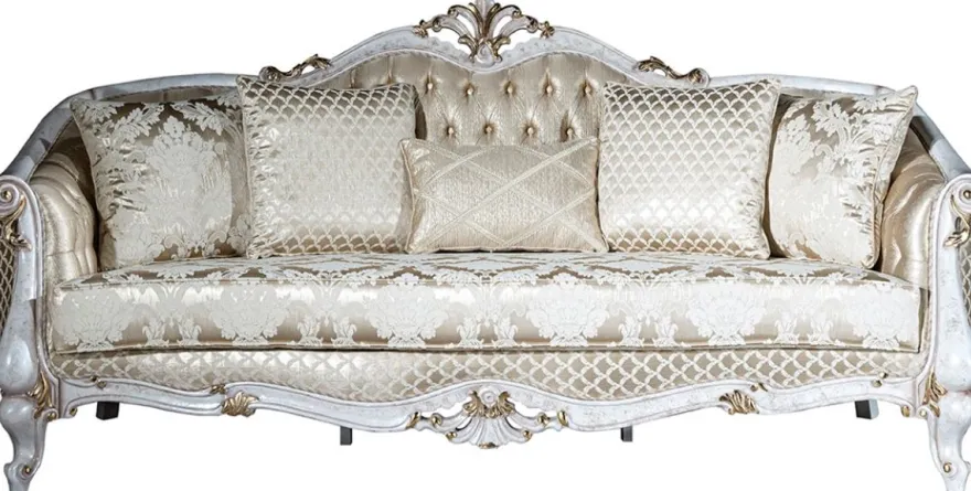 Casa Padrino Luxus Barock Wohnzimmer Set Gold Muster / Antik Weiß / Gold - 2 Sofas & 2 Sessel & 1 Couchtisch - Wohnzimmer Möbel im Barockstil - Edel & Prunkvoll