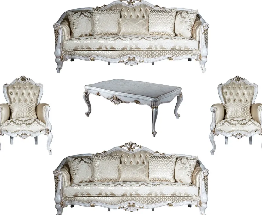 Casa Padrino Luxus Barock Wohnzimmer Set Gold Muster / Antik Weiß / Gold - 2 Sofas & 2 Sessel & 1 Couchtisch - Wohnzimmer Möbel im Barockstil - Edel & Prunkvoll