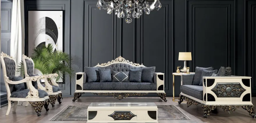 Casa Padrino Luxus Barock Wohnzimmer Set Blau / Weiß / Bronze / Gold - 2 Barock Sofas & 2 Barock Sessel & 1 Barock Couchtisch - Luxus Wohnzimmer Möbel im Barockstil - Barock Möbel