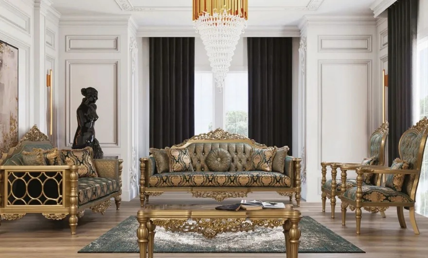 Casa Padrino Luxus Barock Wohnzimmer Set Grün / Gold - 2 Sofas & 2 Sessel & 1 Couchtisch - Wohnzimmer Möbel im Barockstil - Edel & Prunkvoll