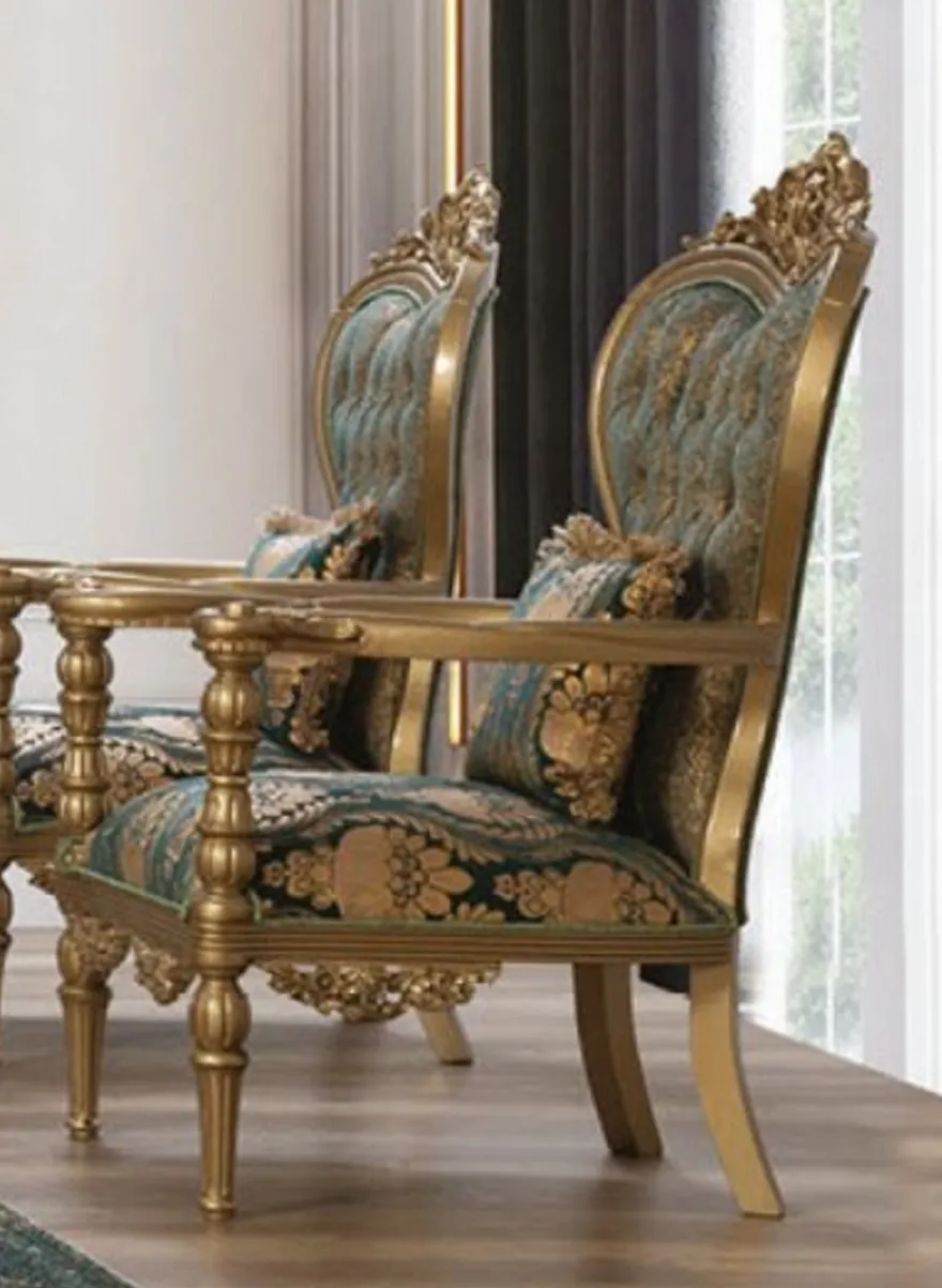 Casa Padrino Luxus Barock Wohnzimmer Set Grün / Gold - 2 Sofas & 2 Sessel & 1 Couchtisch - Wohnzimmer Möbel im Barockstil - Edel & Prunkvoll