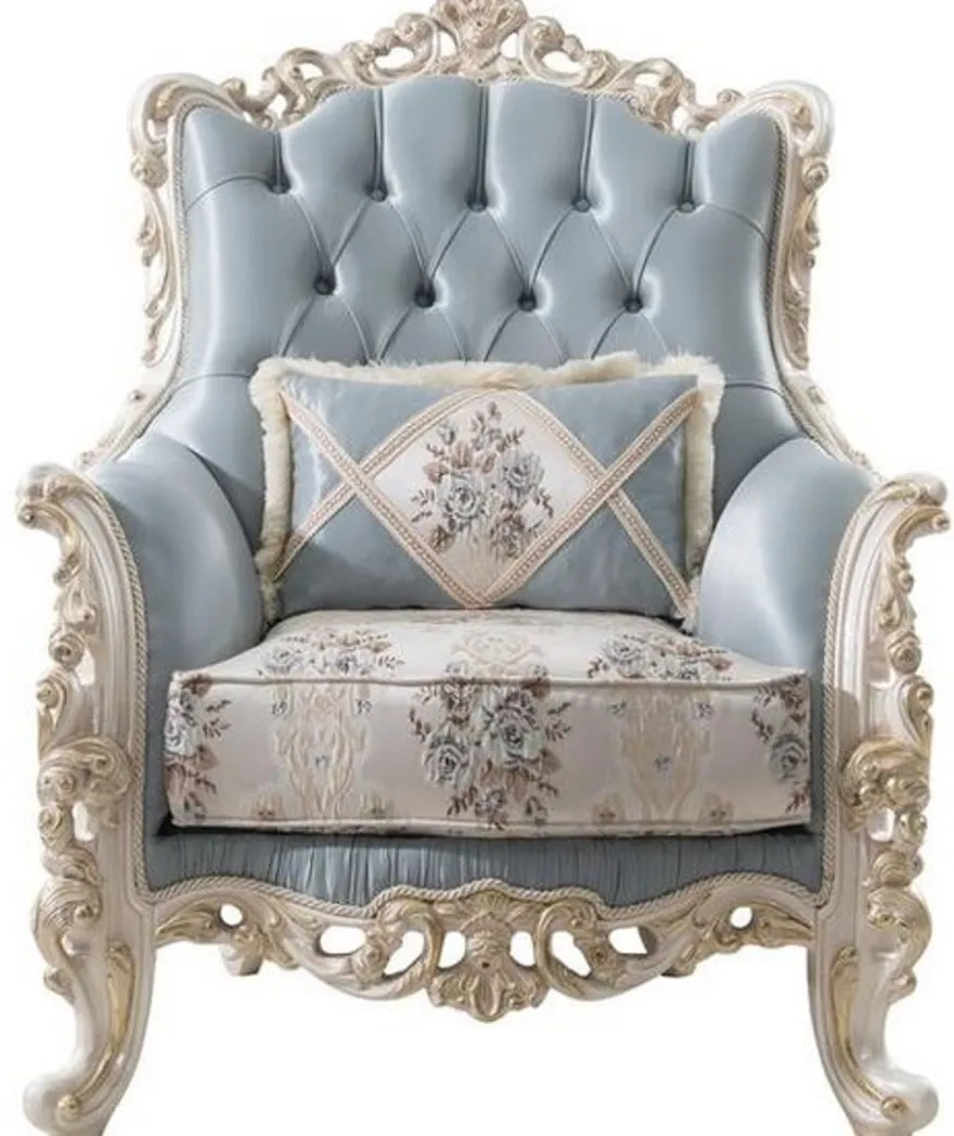 Casa Padrino Luxus Barock Wohnzimmer Set Hellblau / Creme / Weiß / Gold - 2 Sofas & 2 Sessel & 1 Couchtisch - Edle Barock Wohnzimmer Möbel