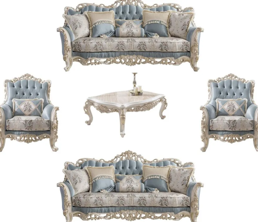 Casa Padrino Luxus Barock Wohnzimmer Set Hellblau / Creme / Weiß / Gold - 2 Sofas & 2 Sessel & 1 Couchtisch - Edle Barock Wohnzimmer Möbel
