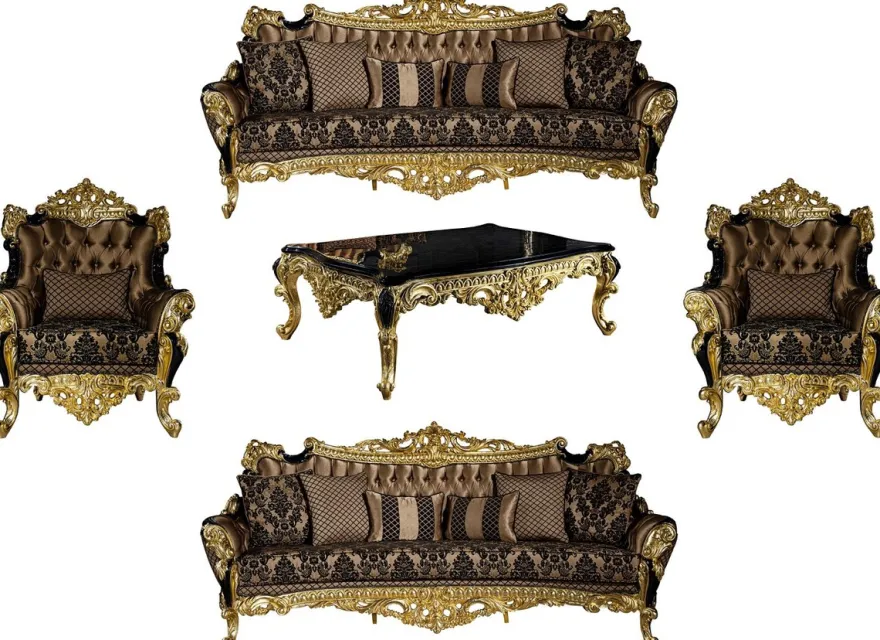 Casa Padrino Luxus Barock Wohnzimmer Set Braun / Schwarz / Gold - 2 Sofas & 2 Sessel & 1 Couchtisch - Prunkvolle Wohnzimmer Möbel im Barockstil