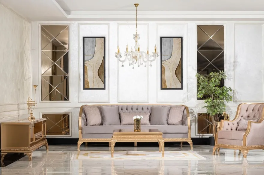 Casa Padrino Luxus Barock Wohnzimmer Set Grau / Braun / Gold - 2 Sofas & 2 Sessel & 1 Couchtisch & 2 Beistelltische - Handgefertigte Luxus Wohnzimmer Möbel im Barockstil - Edel & Prunkvoll
