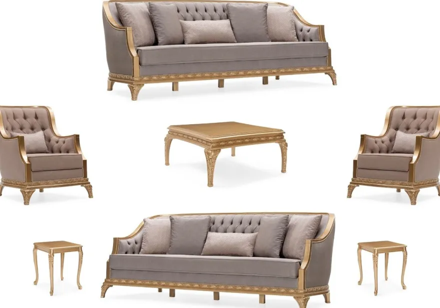 Casa Padrino Luxus Barock Wohnzimmer Set Grau / Braun / Gold - 2 Sofas & 2 Sessel & 1 Couchtisch & 2 Beistelltische - Handgefertigte Luxus Wohnzimmer Möbel im Barockstil - Edel & Prunkvoll