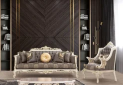 Casa Padrino Luxus Barock Wohnzimmer Set Grau / Braun / Weiß / Gold / Silber - 2 Sofas & 2 Sessel & 1 Couchtisch - Handgefertigte Barock Wohnzimmer Möbel - Edel & Prunkvoll