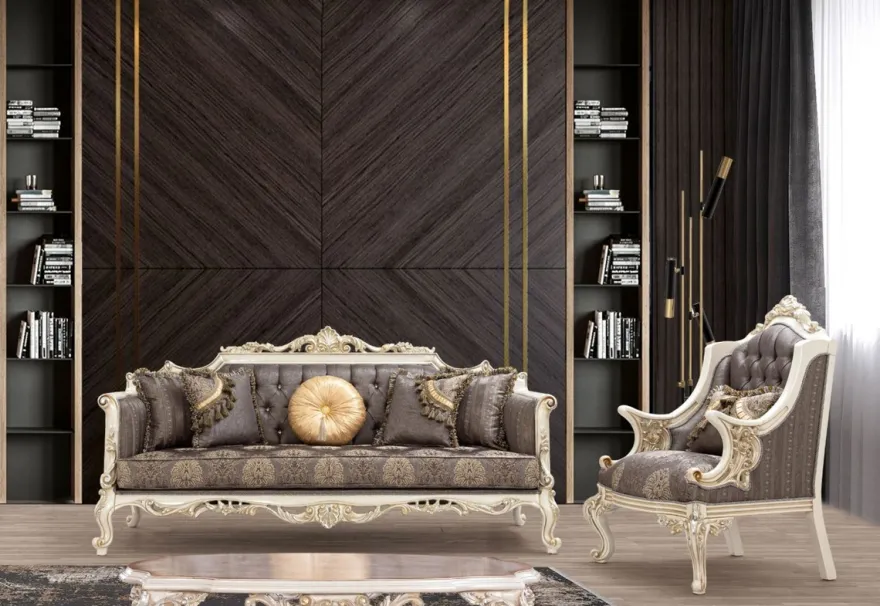 Casa Padrino Luxus Barock Wohnzimmer Set Grau / Braun / Weiß / Gold / Silber - 2 Sofas & 2 Sessel & 1 Couchtisch - Handgefertigte Barock Wohnzimmer Möbel - Edel & Prunkvoll
