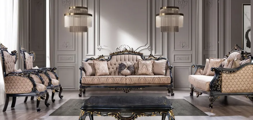 Casa Padrino Luxus Barock Wohnzimmer Set Grau / Blau / Gold - 2 Barock Sofas & 2 Barock Sessel & 1 Barock Couchtisch - Luxus Wohnzimmer Möbel im Barockstil - Barock Möbel - Edel & Prunkvoll