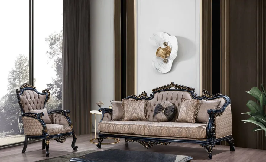 Casa Padrino Luxus Barock Wohnzimmer Set Grau / Blau / Gold - 2 Barock Sofas & 2 Barock Sessel & 1 Barock Couchtisch - Luxus Wohnzimmer Möbel im Barockstil - Barock Möbel - Edel & Prunkvoll