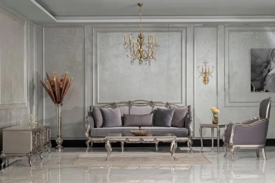 Casa Padrino Luxus Barock Wohnzimmer Set Grau / Silber - 2 Barock Sofas & 2 Barock Sessel & 1 Barock Couchtisch - Handgefertigte Wohnzimmer Möbel im Barockstil - Edel & Prunkvoll