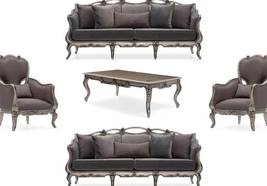 Casa Padrino Luxus Barock Wohnzimmer Set Grau / Silber - 2 Barock Sofas & 2 Barock Sessel & 1 Barock Couchtisch - Handgefertigte Wohnzimmer Möbel im Barockstil - Edel & Prunkvoll