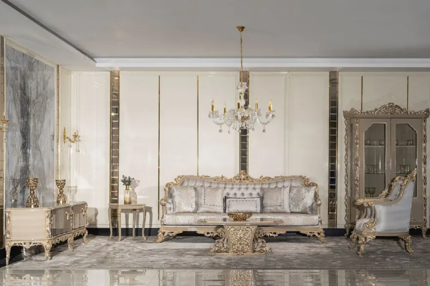 Casa Padrino Luxus Barock Wohnzimmer Set Silber / Grau / Gold - 2 Barock Sofas & 2 Barock Sessel & 1 Barock Couchtisch - Handgefertigte Wohnzimmer Möbel im Barockstil - Edel & Prunkvoll