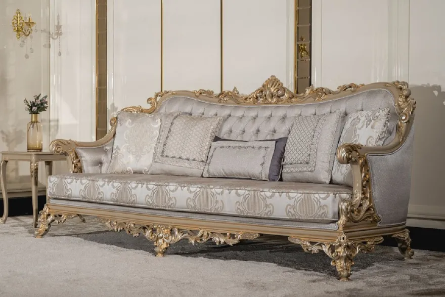 Casa Padrino Luxus Barock Wohnzimmer Set Silber / Grau / Gold - 2 Barock Sofas & 2 Barock Sessel & 1 Barock Couchtisch - Handgefertigte Wohnzimmer Möbel im Barockstil - Edel & Prunkvoll