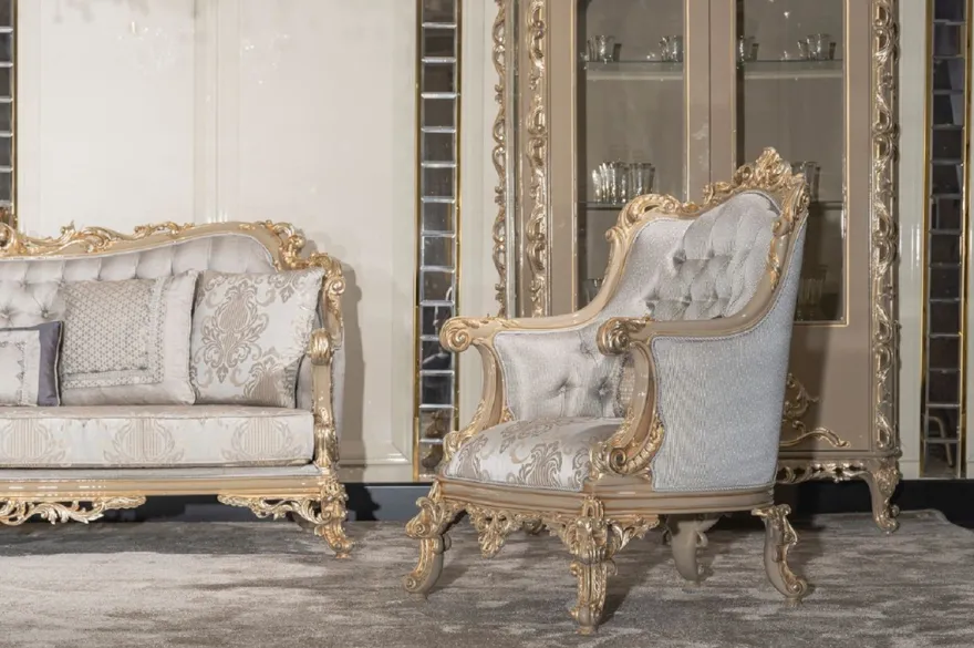 Casa Padrino Luxus Barock Wohnzimmer Set Silber / Grau / Gold - 2 Barock Sofas & 2 Barock Sessel & 1 Barock Couchtisch - Handgefertigte Wohnzimmer Möbel im Barockstil - Edel & Prunkvoll