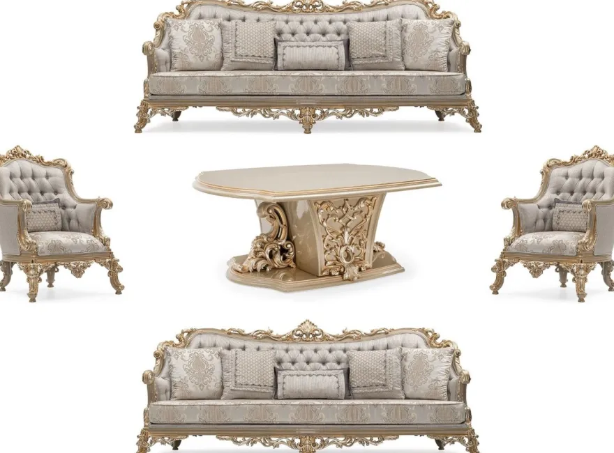 Casa Padrino Luxus Barock Wohnzimmer Set Silber / Grau / Gold - 2 Barock Sofas & 2 Barock Sessel & 1 Barock Couchtisch - Handgefertigte Wohnzimmer Möbel im Barockstil - Edel & Prunkvoll