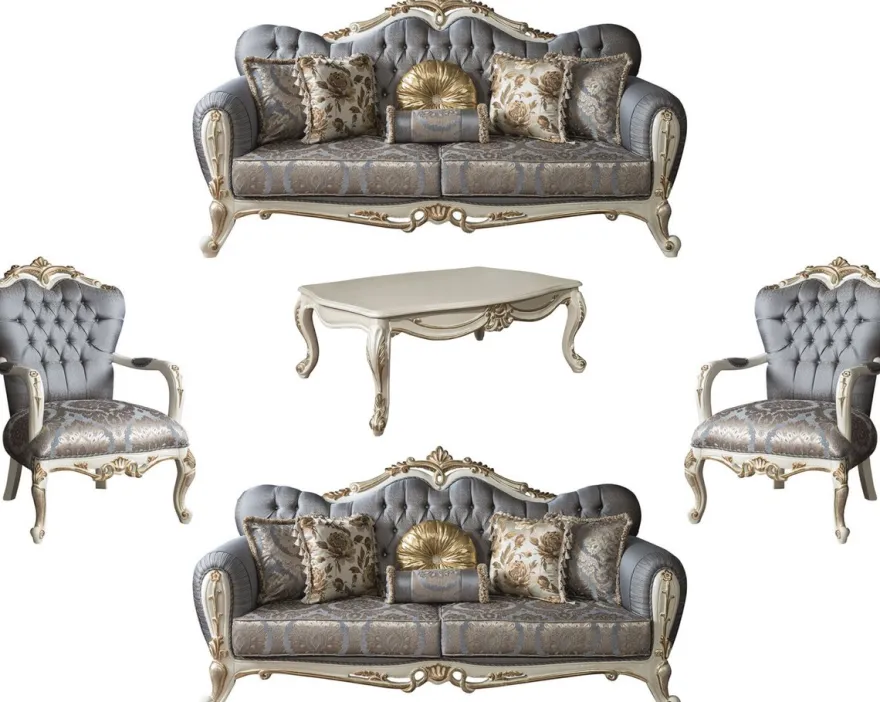 Casa Padrino Luxus Barock Wohnzimmer Set Blau / Weiß / Gold - 2 Sofas & 2 Sessel & 1 Couchtisch - Möbel im Barockstil - Edel & Prunkvoll