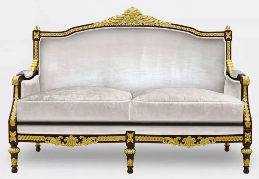 Casa Padrino Luxus Barock Wohnzimmer 2er Sofa Grau / Dunkelbraun / Gold - Handgefertigtes Barockstil Sofa - Luxus Wohnzimmer Möbel im Barockstil - Barock Möbel - Edel & Prunkvoll