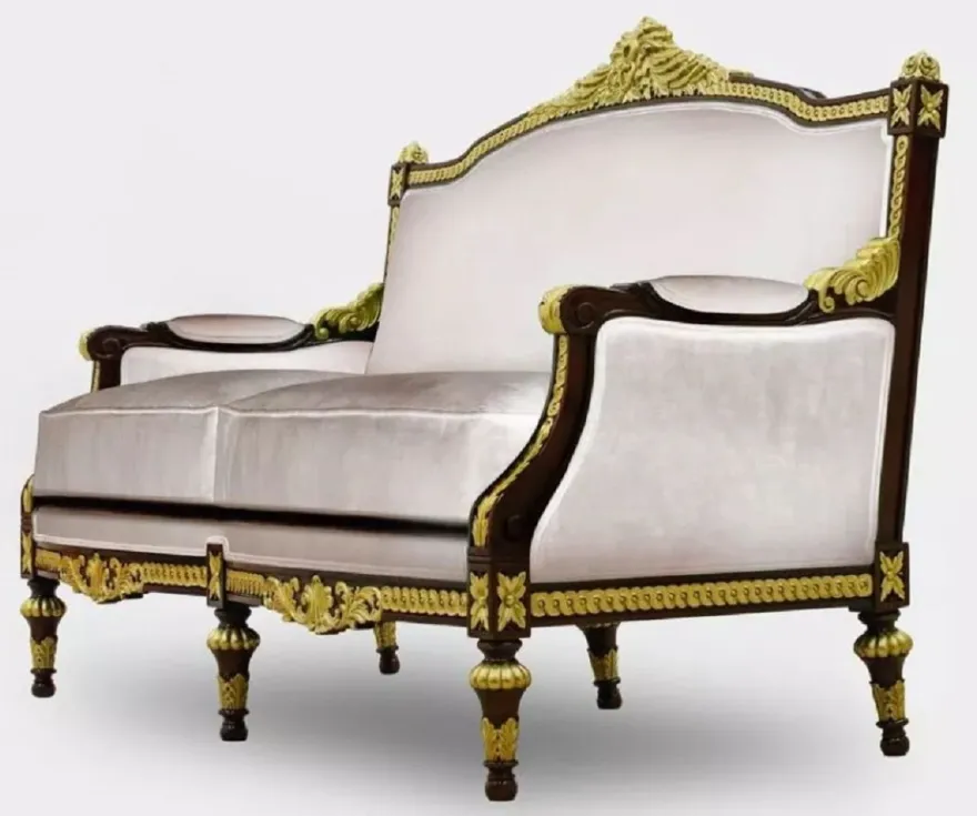 Casa Padrino Luxus Barock Wohnzimmer 2er Sofa Grau / Dunkelbraun / Gold - Handgefertigtes Barockstil Sofa - Luxus Wohnzimmer Möbel im Barockstil - Barock Möbel - Edel & Prunkvoll