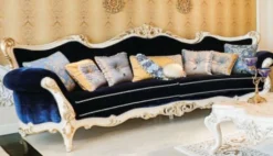 Casa Padrino Luxus Barock Wohnzimmer Set Blau / Weiß / Gold - 2 Sofas & 2 Sessel & 1 Couchtisch & 2 Beistelltische - Wohnzimmer Möbel im Barockstil - Edel & Prunkvoll