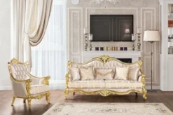 Casa Padrino Luxus Barock Wohnzimmer Sessel Beige / Gold - Prunkvoller Sessel mit Muster - Handgefertigte Barock Wohnzimmer Möbel