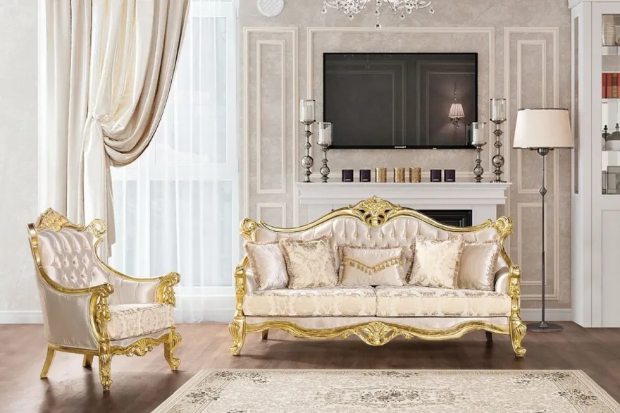 Casa Padrino Luxus Barock Wohnzimmer Sessel Beige / Gold - Prunkvoller Sessel mit Muster - Handgefertigte Barock Wohnzimmer Möbel
