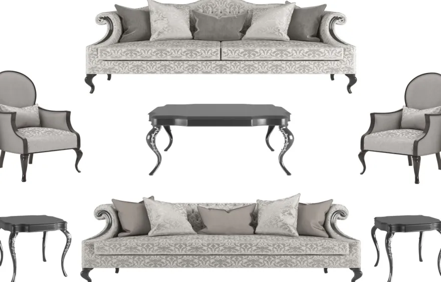Casa Padrino Luxus Barock Wohnzimmer Set Silber / Grau / Schwarz - 2 Sofas & 2 Sessel & 1 Couchtisch & 2 Beistelltische - Wohnzimmermöbel im Barockstil - Edle Barock Möbel