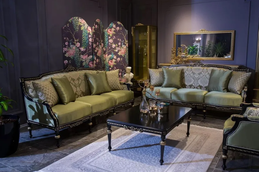 Casa Padrino Luxus Barock Wohnzimmer Sofa Grün / Schwarz / Gold 209 x 74 x H. 106 cm - Edles Massivholz Sofa mit dekorativen Kissen - Wohnzimmer Möbel im Barockstil