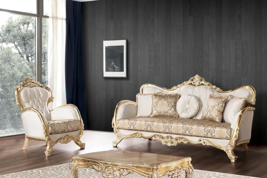 Casa Padrino Luxus Barock Wohnzimmer Sessel Weiß / Mehrfarbig / Antik Gold - Prunkvoller Sessel mit elegantem Muster - Handgefertigte Barock Wohnzimmer Möbel