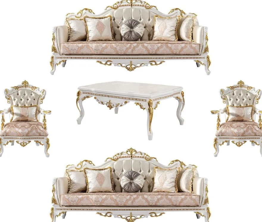 Casa Padrino Luxus Barock Wohnzimmer Set Gold / Silber / Braun / Weiß / Gold - 2 Barock Sofas & 2 Barock Sessel & 1 Barock Couchtisch - Luxus Wohnzimmer Möbel im Barockstil - Barock Möbel